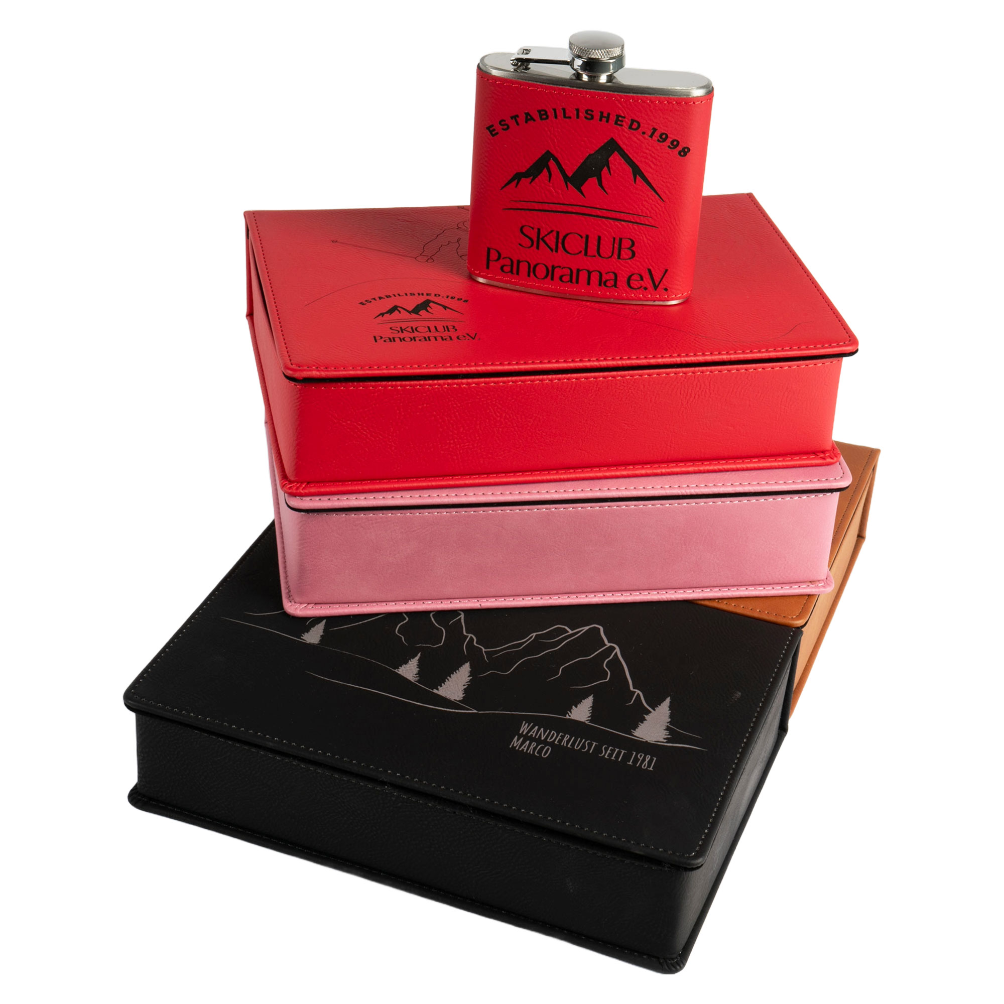 Laser hip flask gift set with stainless steel hip flask 6oz/177 ml 2 shot glass & funnels, 155 x 235 x 55 mm, various colours