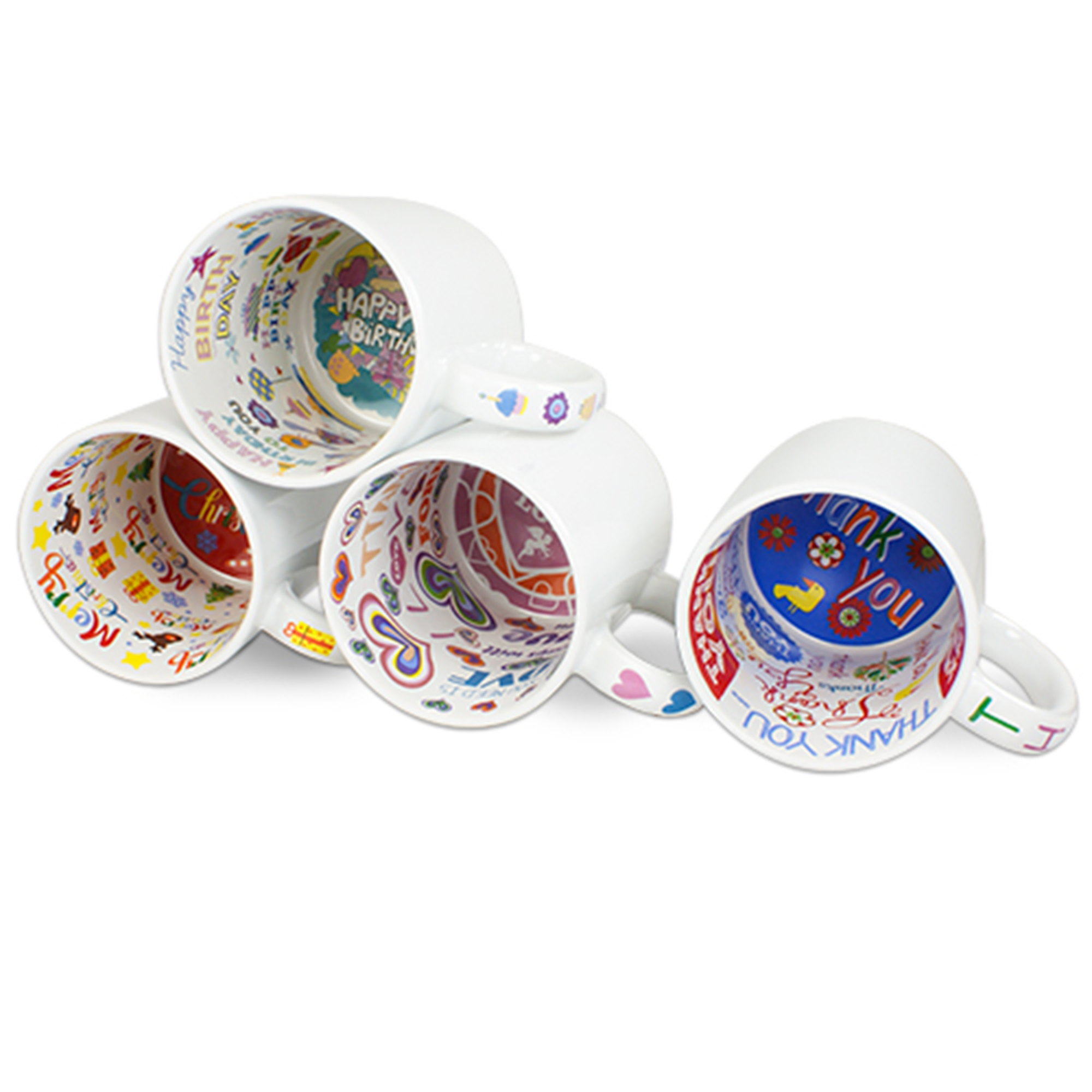 Starter kit Ceramic theme mug 11oz white, with interior print, 36 cups of 4 motifs sorted
