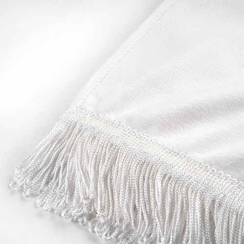 Echarpe moltonée en polyester imprimable avec des franges, blanc, taille env. 21 x 148 cm, 1 pcs./pack, 100 pcs./carton