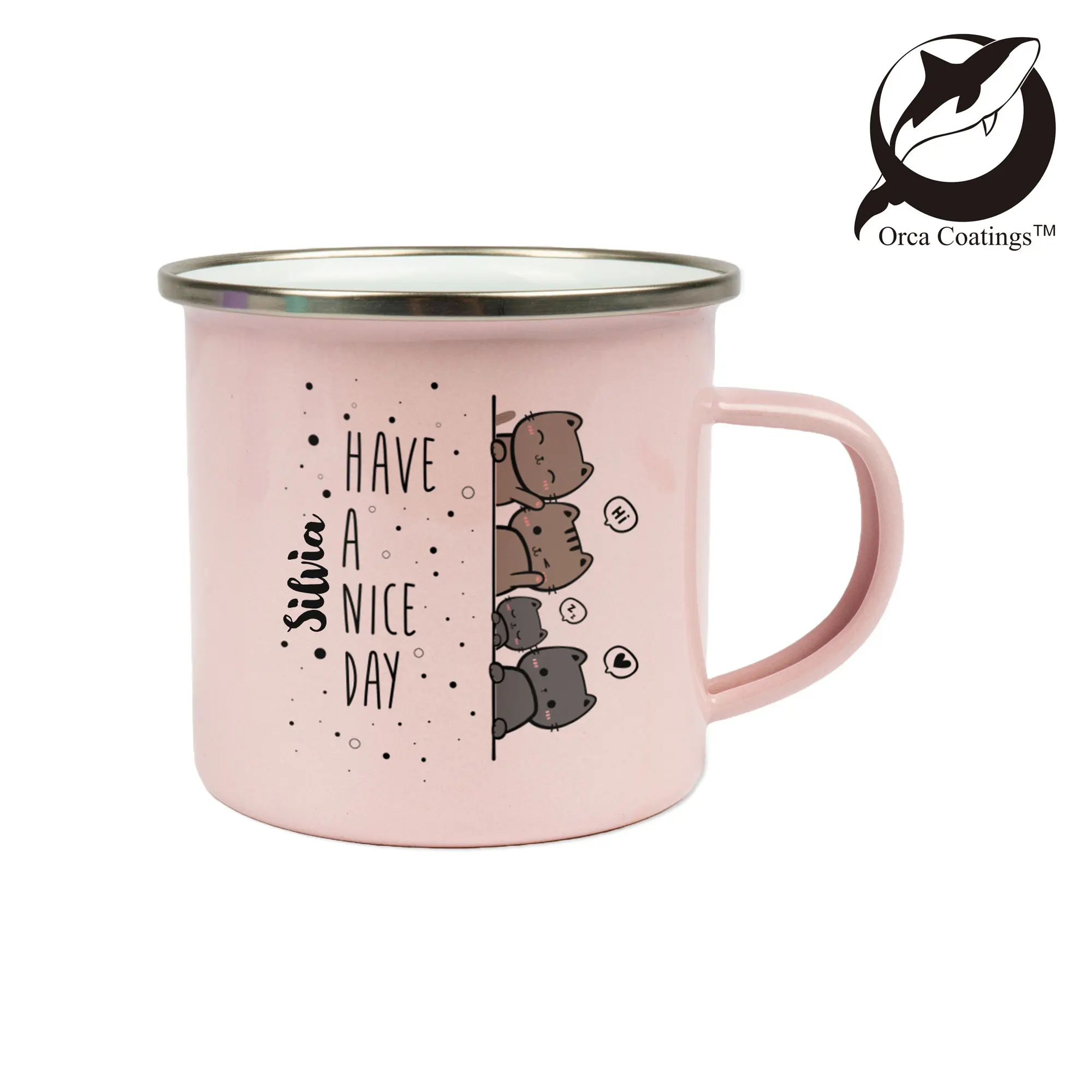 Emailletasse 12oz, mit silbernem Edelstahlrand, Orca™ Coating, div. Farben