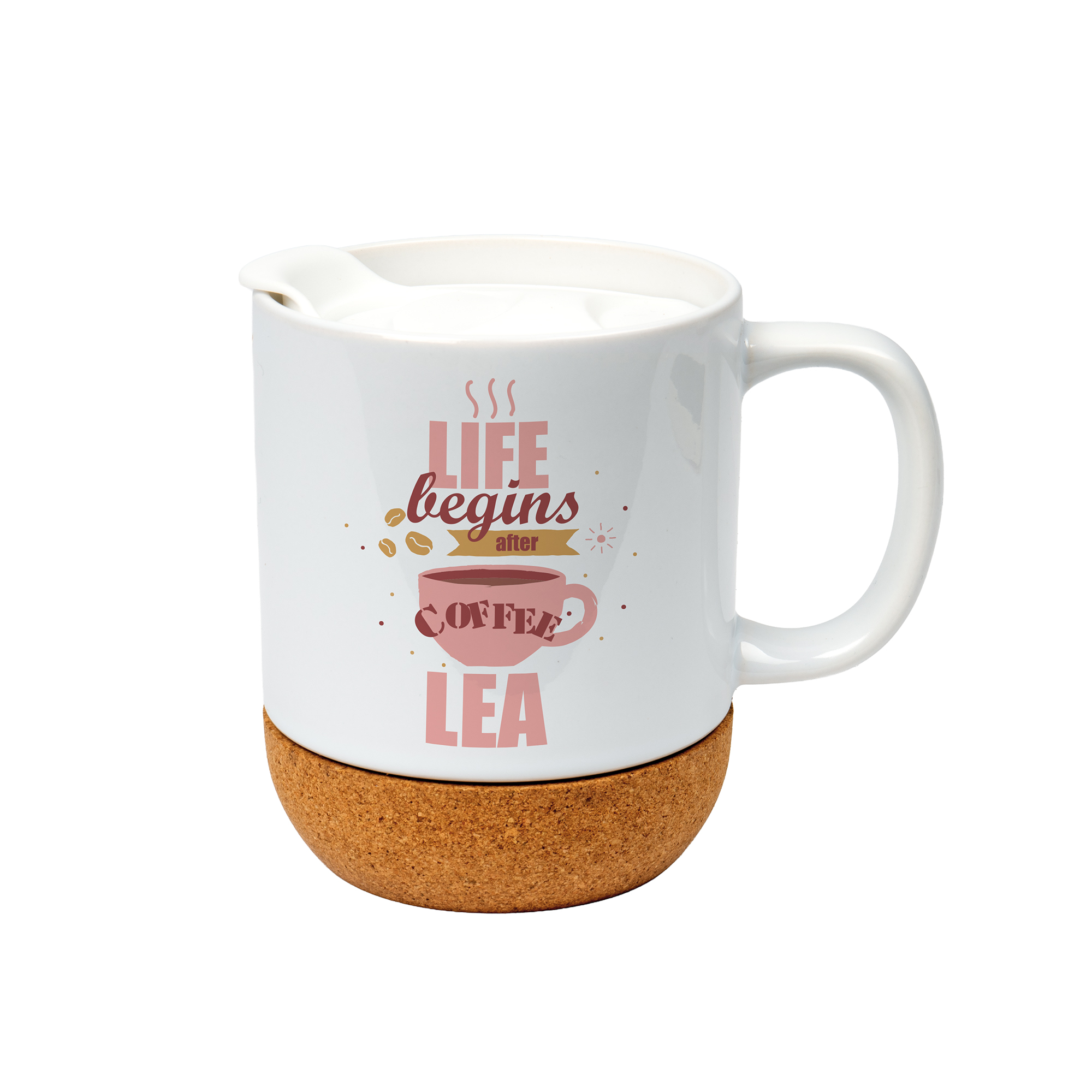 Tasse en céramique BEN avec socle en liège amovible, Sublistar® Coating couvercle en plastique, blanc brillant, 36 pcs./carton