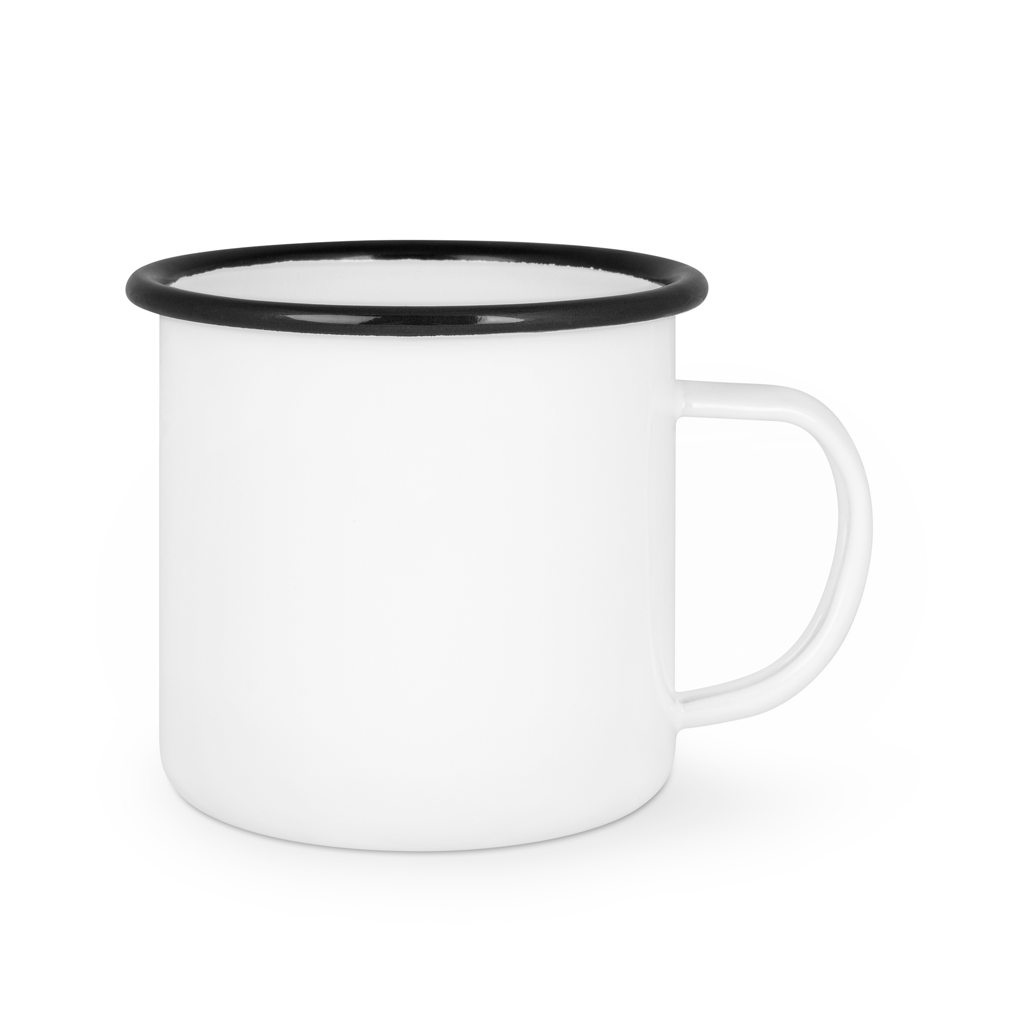 Emailletasse weiß 12oz, mit farbigem Tassenrand Emailletasse weiß 12oz, mit farbigem Tassenrand