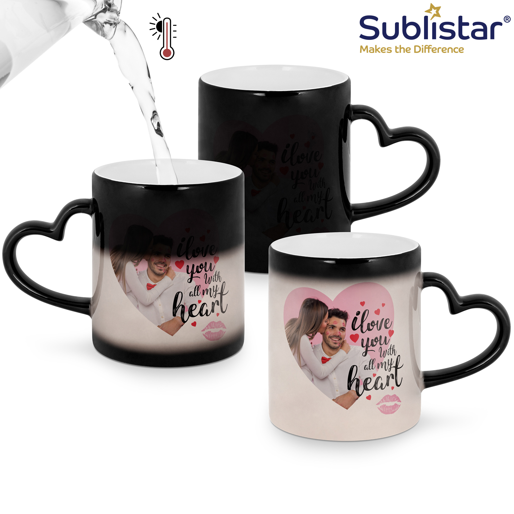Sublistar® Tasse changement couleur modèle CC, 11oz, avec anse en forme de cœur, couleur noir, 12 pcs./couche, 36 pcs./carton
