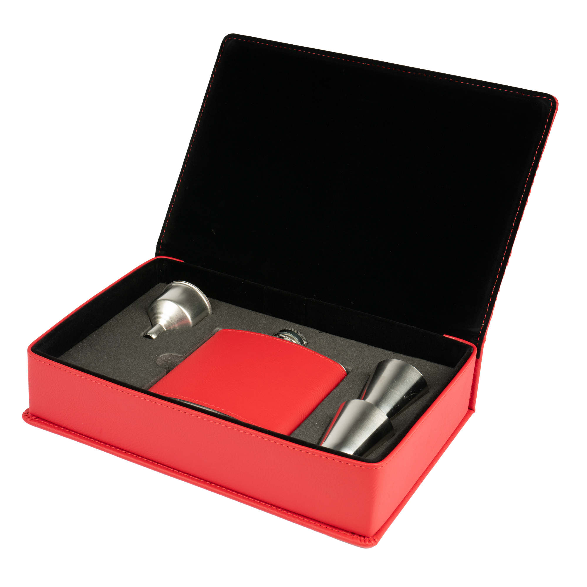 Set cadeau laser flasque en acier inoxydable 6oz/177 ml 2 gobelets à alcool & entonnoir, 155 x 235 x 55 mm, div. couleurs