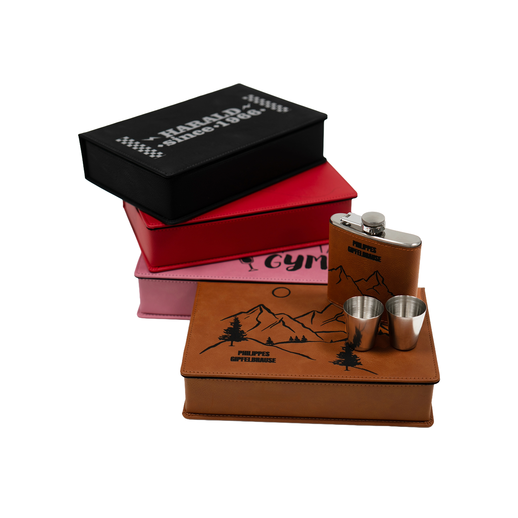 Laser Flachmann-Geschenkset aus Edelstahl-Flachmann 6oz/177 ml 2 Schnapsbecher & Trichter, 155 x 235 x 55 mm, div. Farben