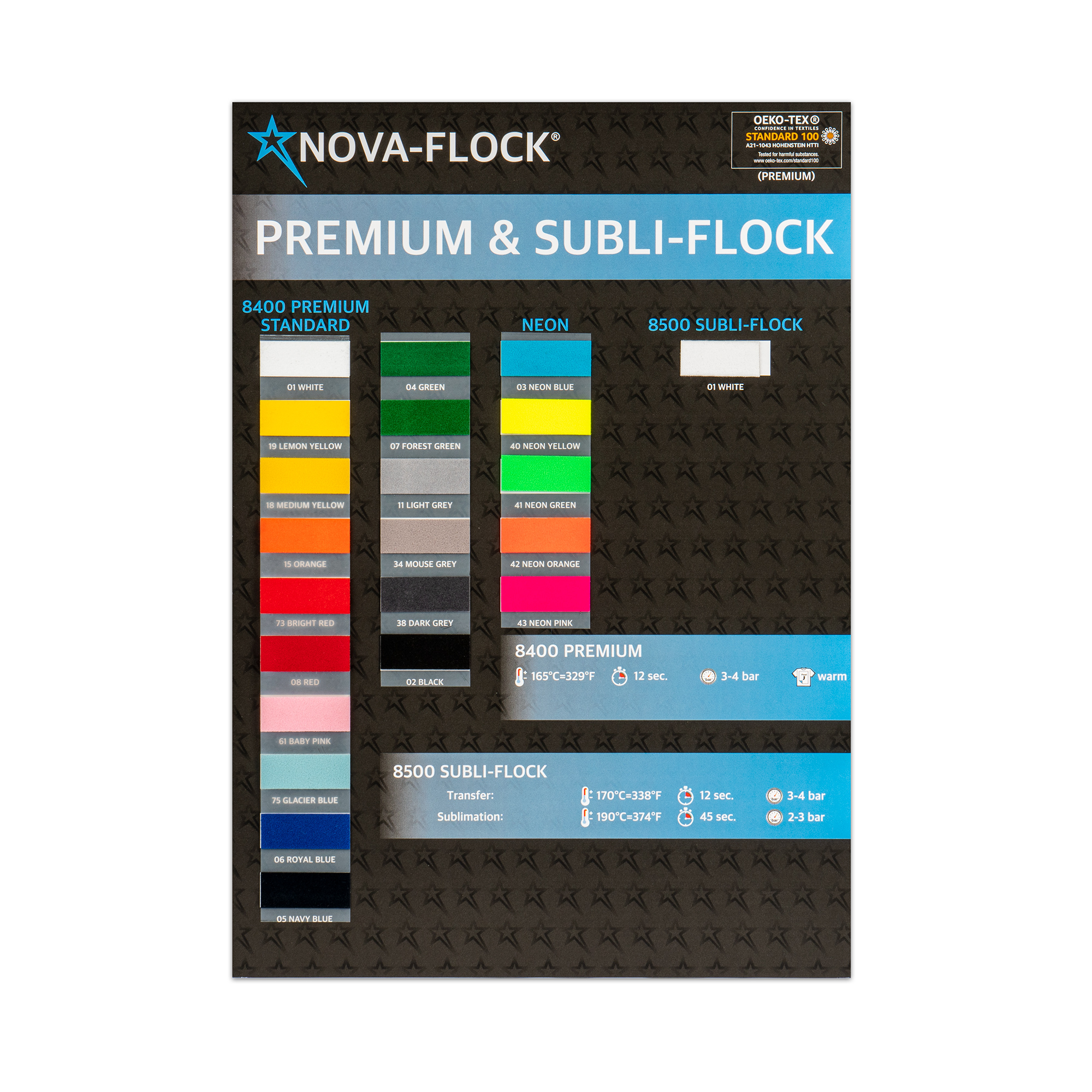 Farbkarte Nova-Flock 8400, 8500, mit Echtfolienmuster