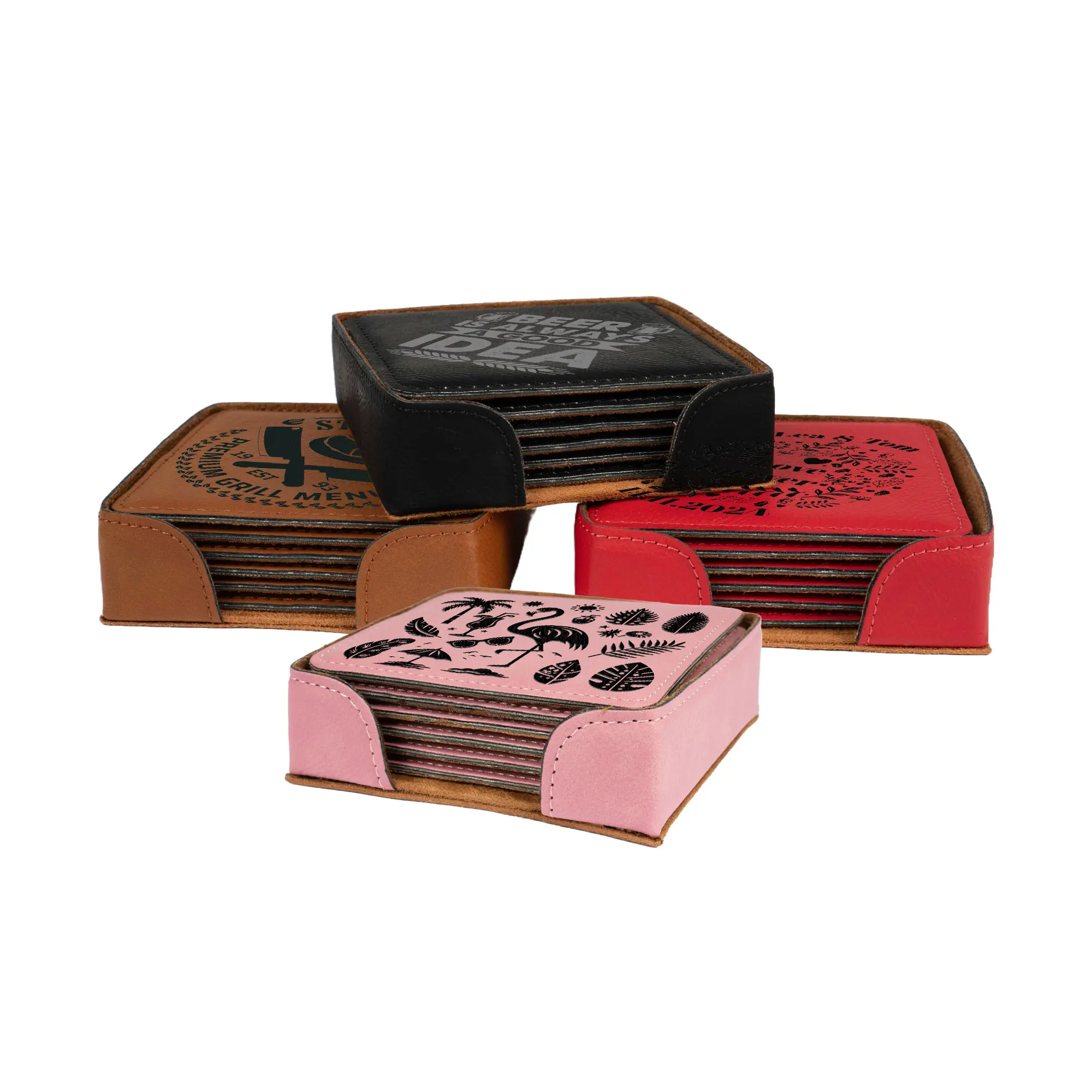 Set de dessous de verre laser en similicuir 100 x 100 mm Set de 6 pièces avec support, div. couleurs