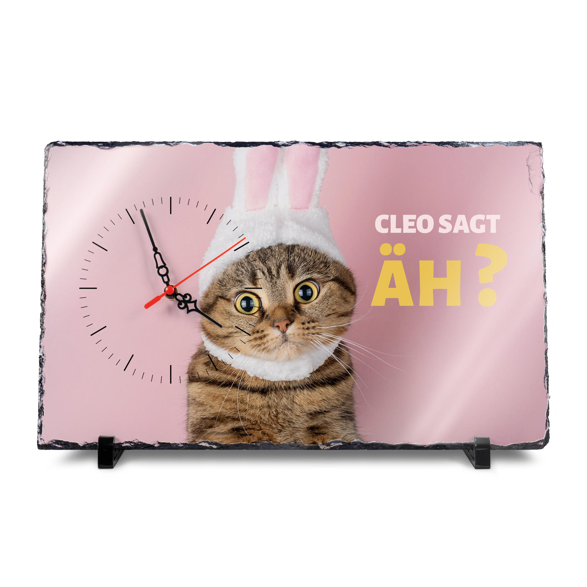 Horloge de table en ardoise en forme rectangulaire avec mouvement d‘horlogerie, blanc brillant, taille env. 250 x 400 mm, épaisseur env. 10 mm, 7 pcs./carton