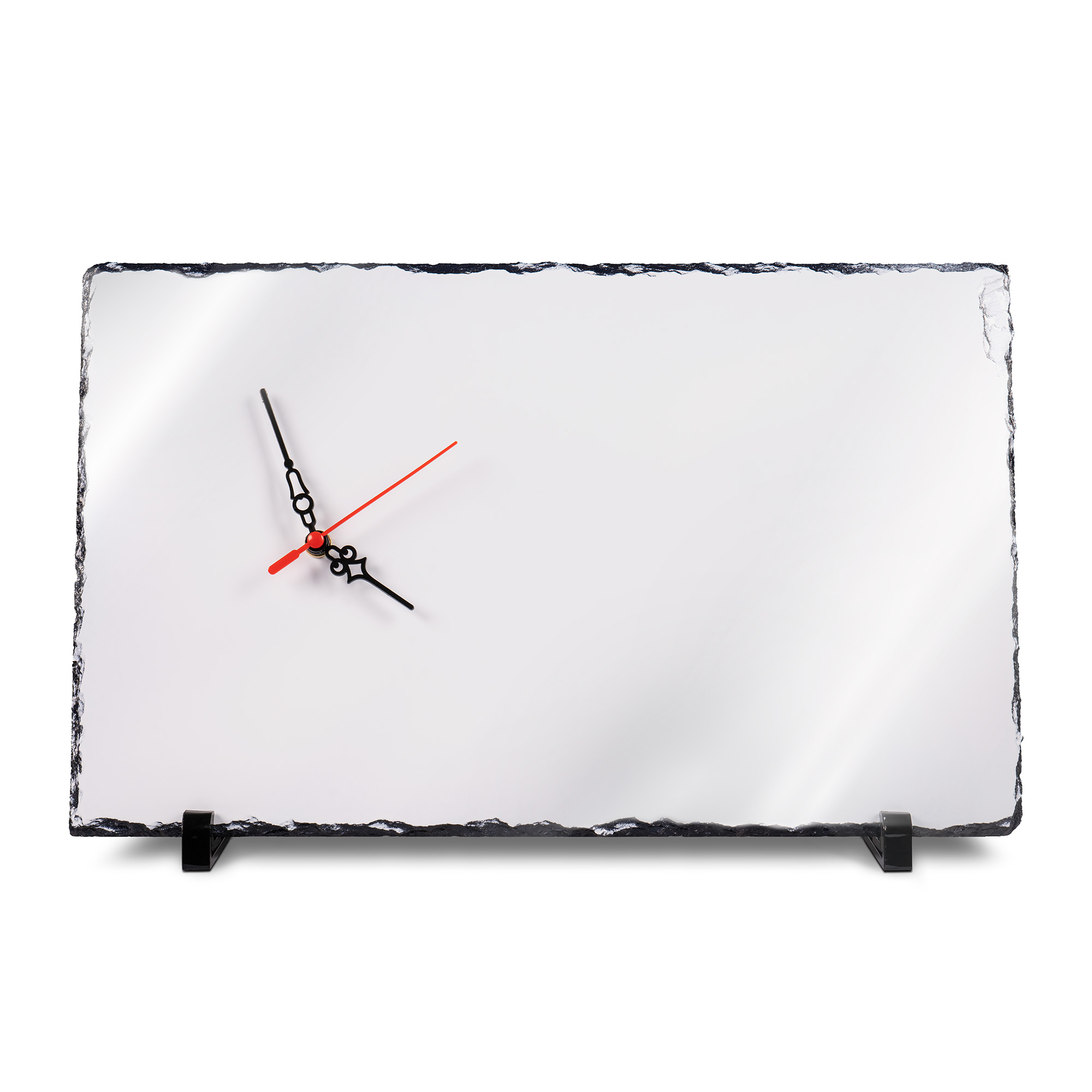 Horloge de table en ardoise en forme rectangulaire avec mouvement d‘horlogerie, blanc brillant, taille env. 250 x 400 mm, épaisseur env. 10 mm, 7 pcs./carton