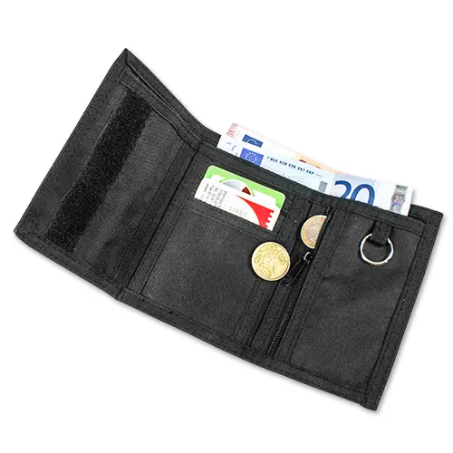 Geldbörse mit Klettverschluss,  Farbe Schwarz, Größe 130 x 90 mm