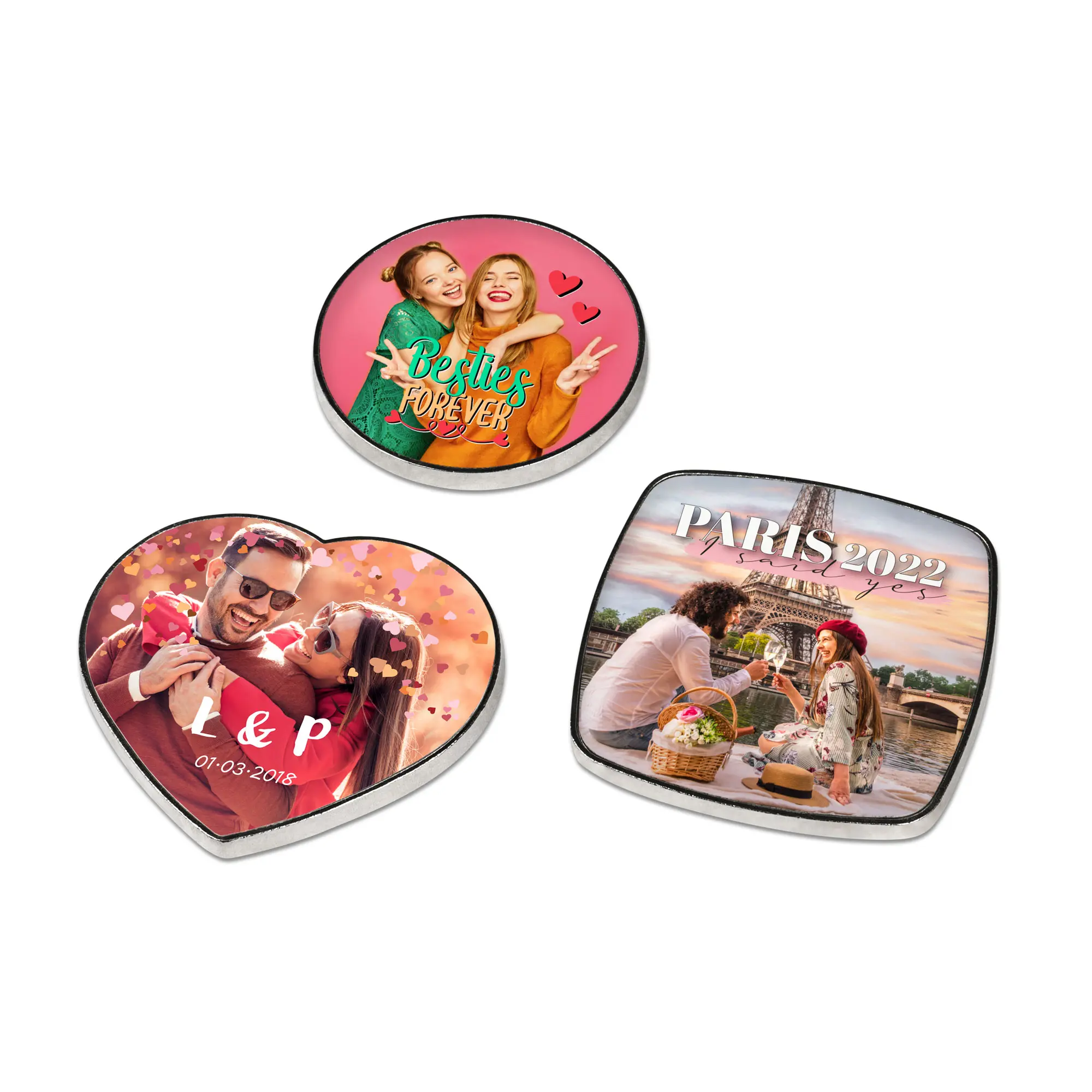 Silver metal magnet with printable white aluminium insert, various versions