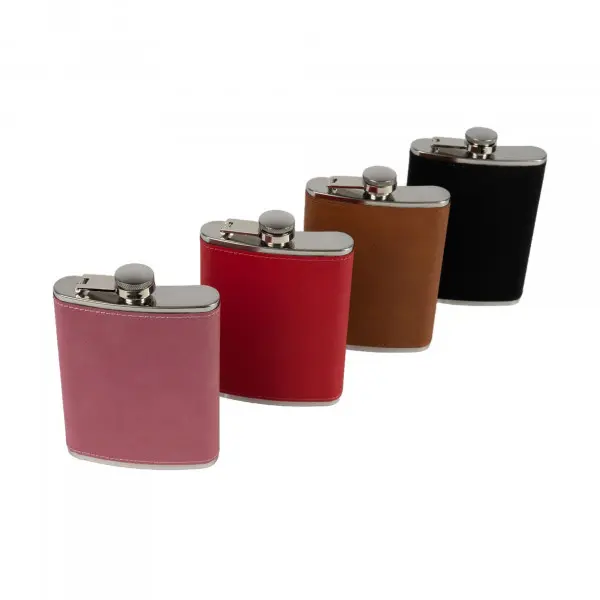 Laser Flachmann aus Edelstahl mit Kunstleder-Beschichtung 6oz/177 ml, 96 x 110 x 23 mm, div. Farben