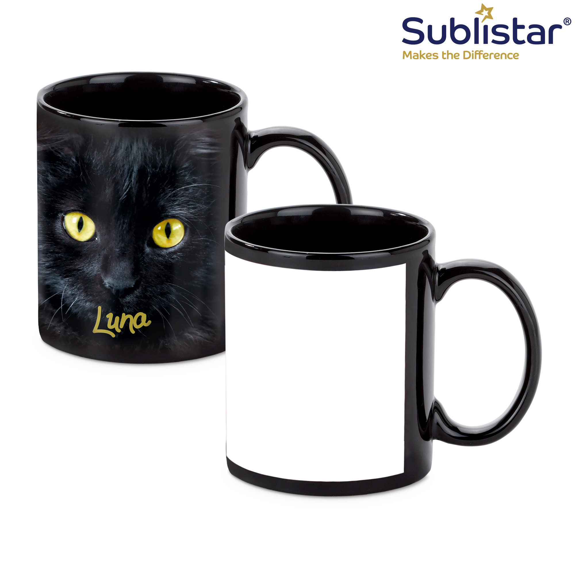 Schwarze Keramiktasse NORA 11oz, Sublistar®-Coating, mit weißem Druckfeld