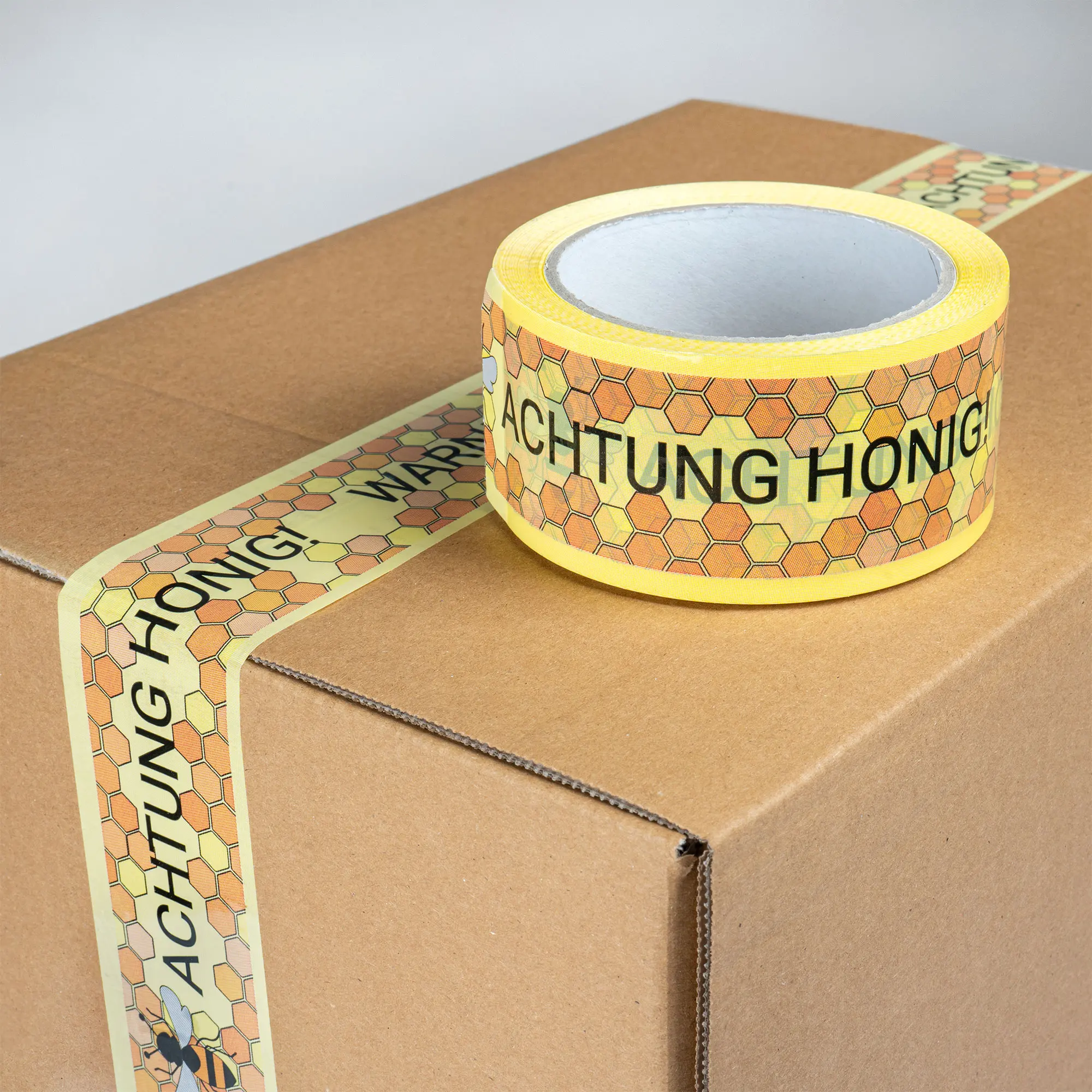 PP-Selbstklebeband, Standard, 66 lfm x 50 mm, mit 4-farbigem Druck, Motiv: "ACHTUNG HONIG!", zweisprachig Deutsch/Englisch