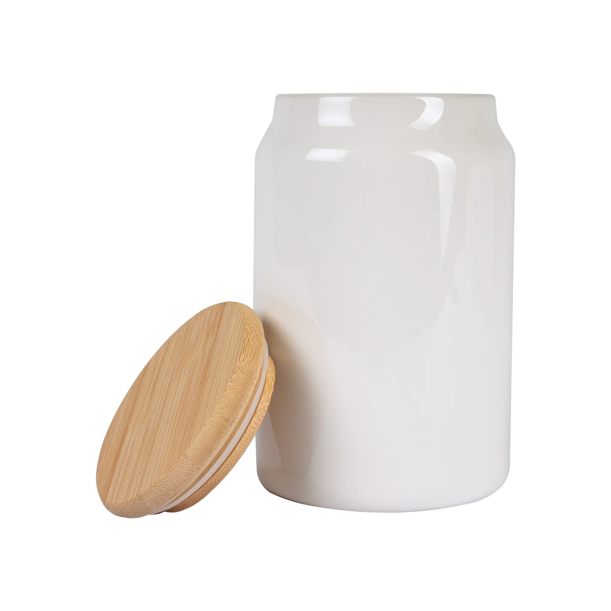 Pot en céramique blanc avec couvercle en bambou, hauteur 155 mm, Ø 95 mm, 12 pcs./couche, 24 pcs./carton