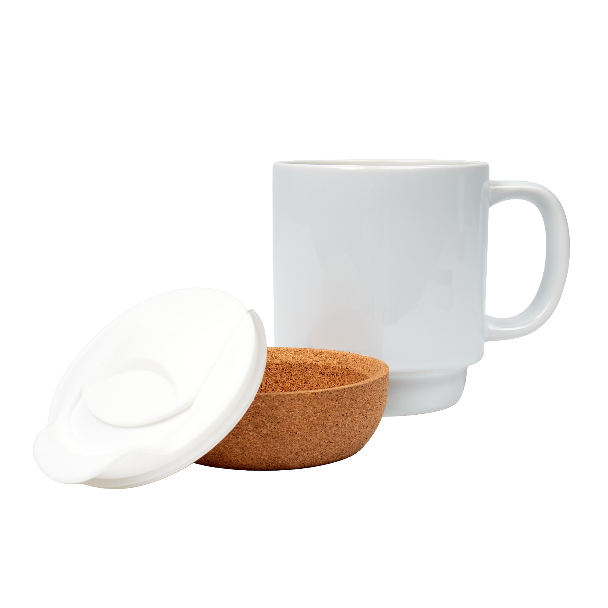 Tasse en céramique BEN avec socle en liège amovible, Sublistar® Coating couvercle en plastique, blanc brillant, 36 pcs./carton