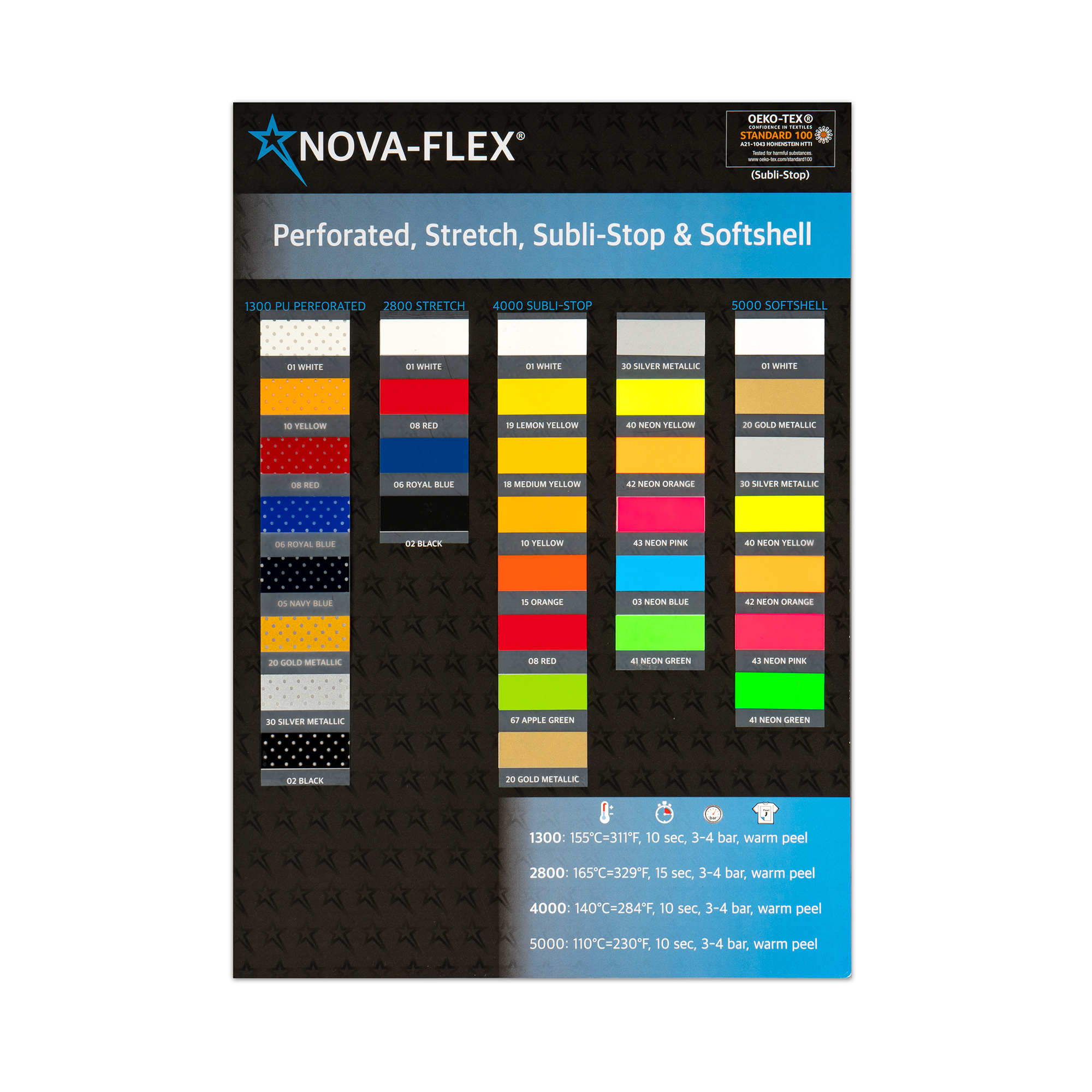 Farbkarte Nova-Flex 1300, 2800, 4000, 5000 mit Echtfolienmuster