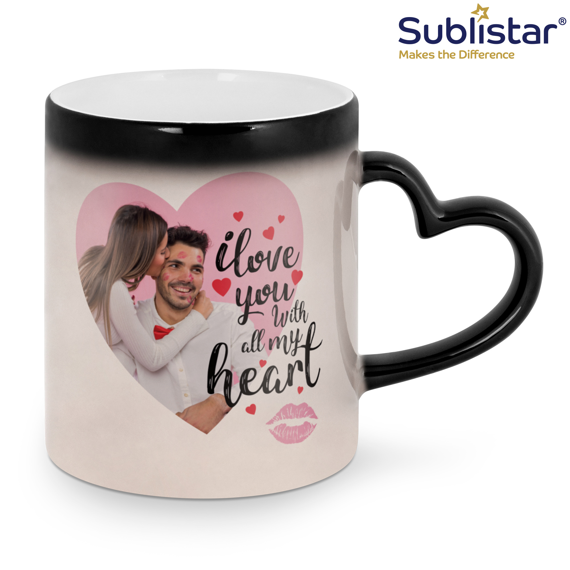 Sublistar® Tasse changement couleur modèle CC, 11oz, avec anse en forme de cœur, couleur noir, 12 pcs./couche, 36 pcs./carton