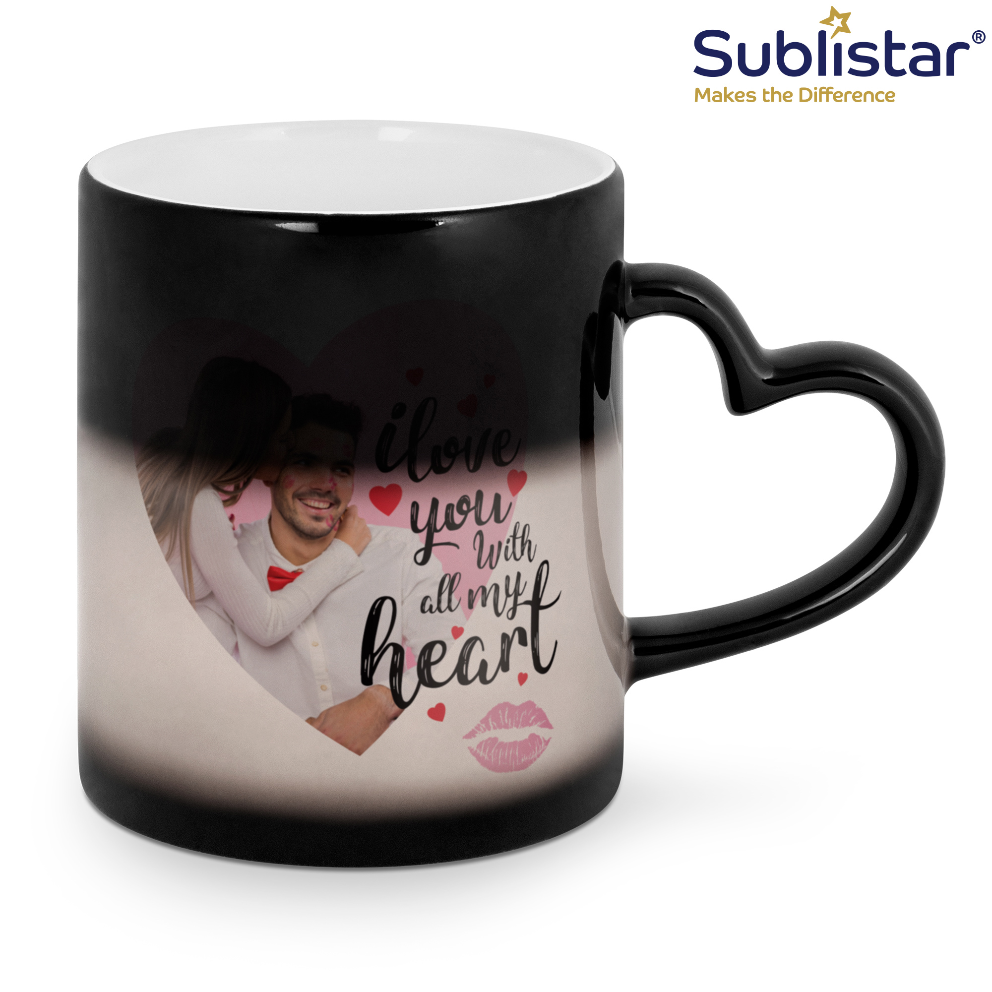 Sublistar® Tasse changement couleur modèle CC, 11oz, avec anse en forme de cœur, couleur noir, 12 pcs./couche, 36 pcs./carton