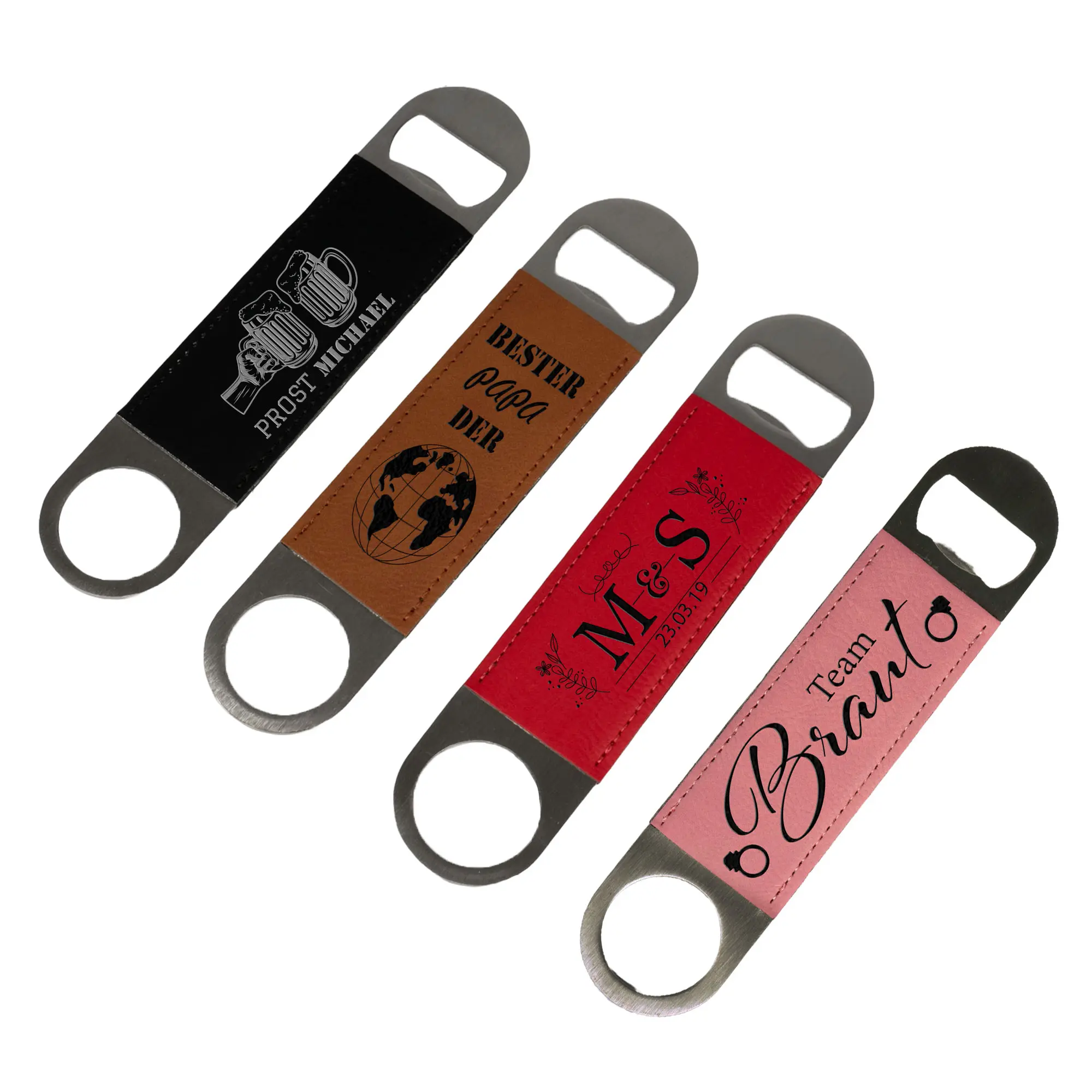 Ouvre-bouteille laser en acier inoxydable avec revêtement en similicuir 40 x 117 mm, div. couleurs