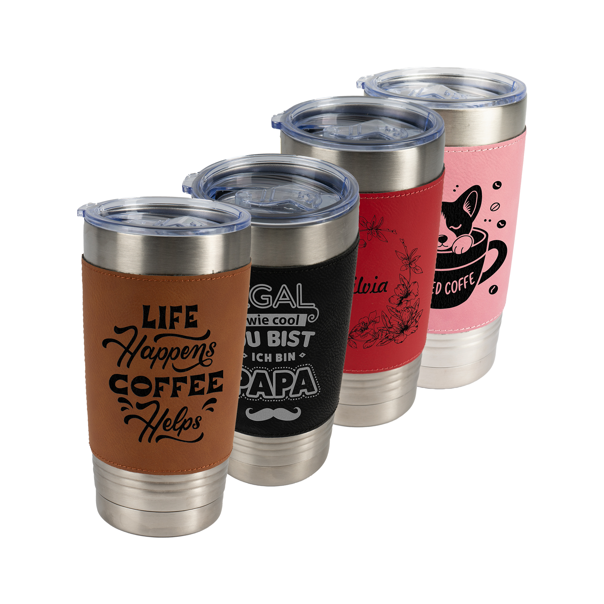 Laser Edelstahl-Tumbler 590 ml mit Kunstleder Ø 90 mm, Höhe 175 mm, div. Farben