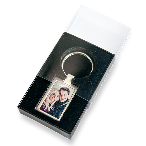 Geschenkverpackung Schwarz für Schlüsselanhänger 50 x 75 mm, mit Flockeinlage und Schiebehülle