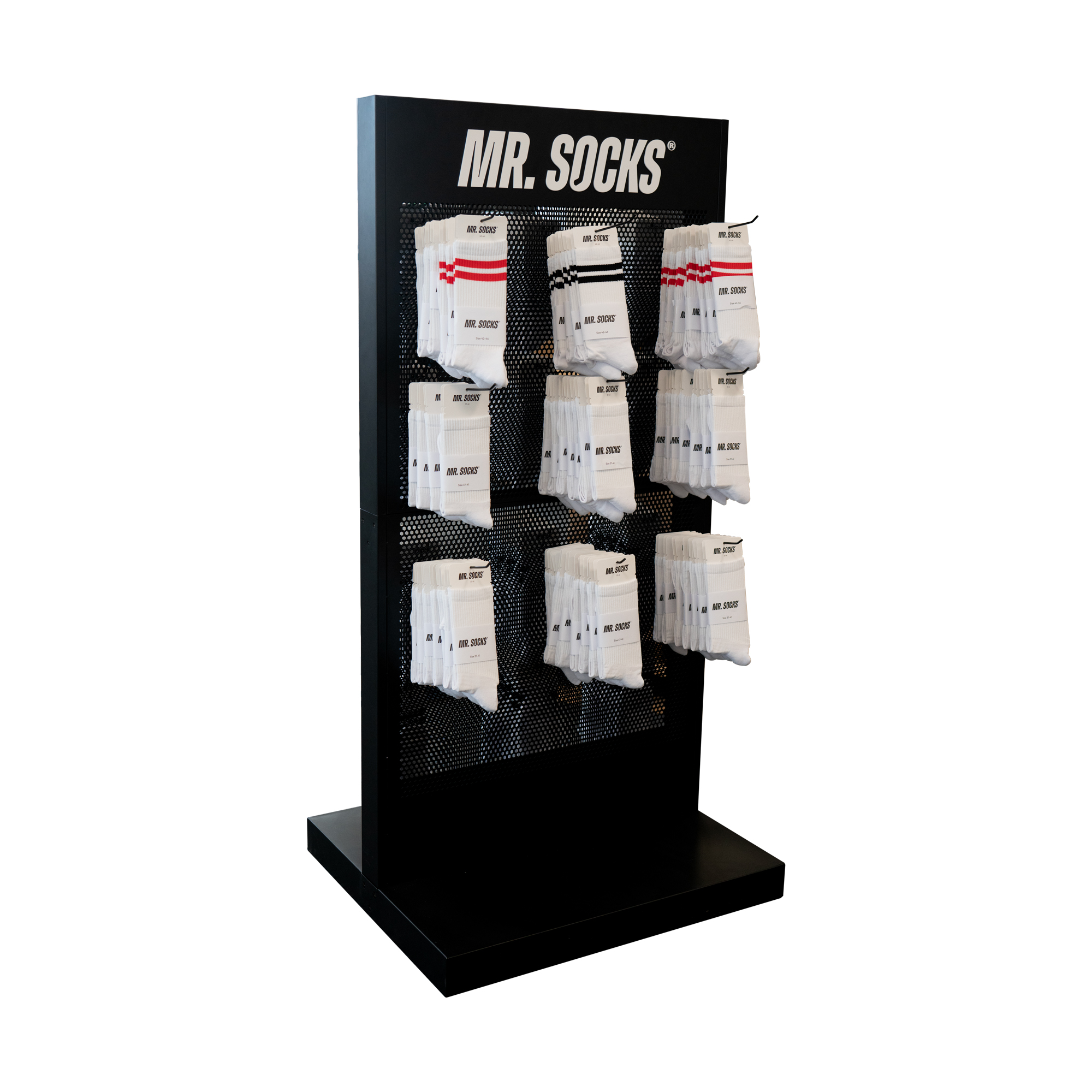 Display schwarz für Mr. Socks Tennissocken, Größe 160 x 60 x 60 cm, inkl. 48 Haken