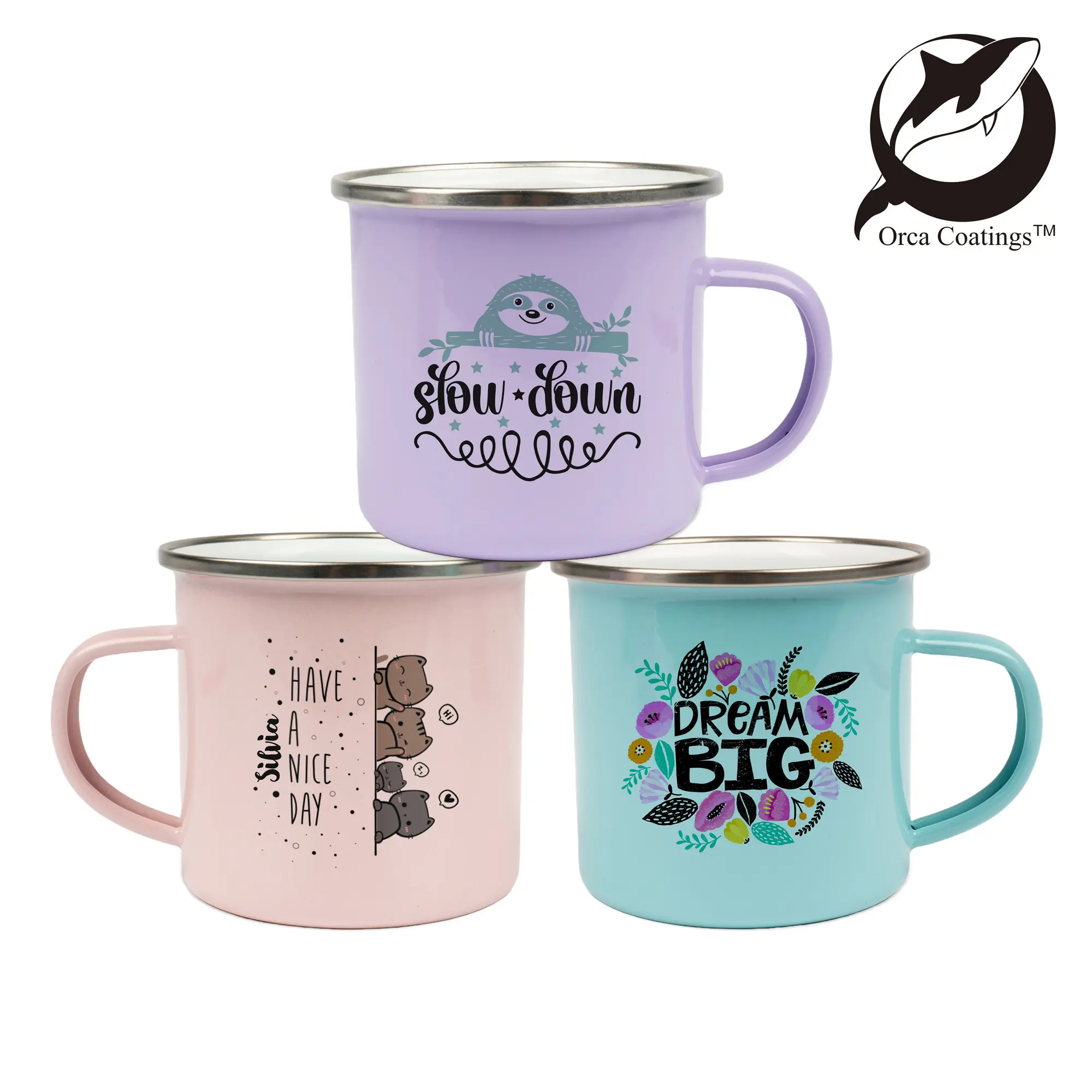 Tasse émaillée 12oz, avec rebord en acier argenté, Orca™ Coating, div. couleurs