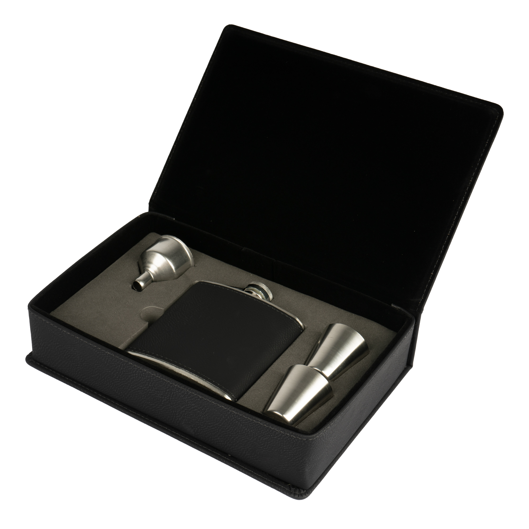 Set cadeau laser flasque en acier inoxydable 6oz/177 ml 2 gobelets à alcool & entonnoir, 155 x 235 x 55 mm, div. couleurs