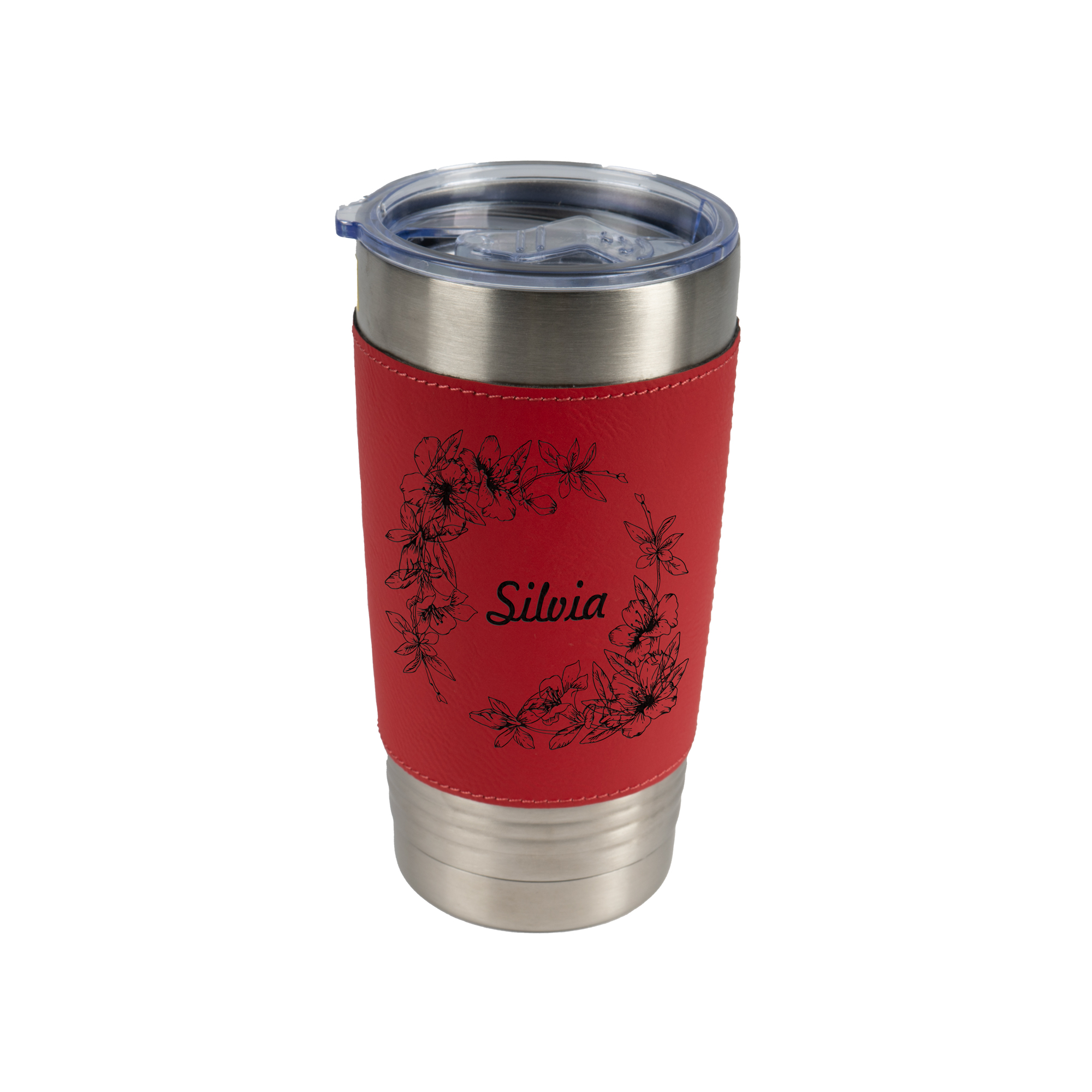 Tumbler laser en acier inoxydable 590 ml avec similicuir Ø 90 mm, hauteur 175 mm, div. couleurs