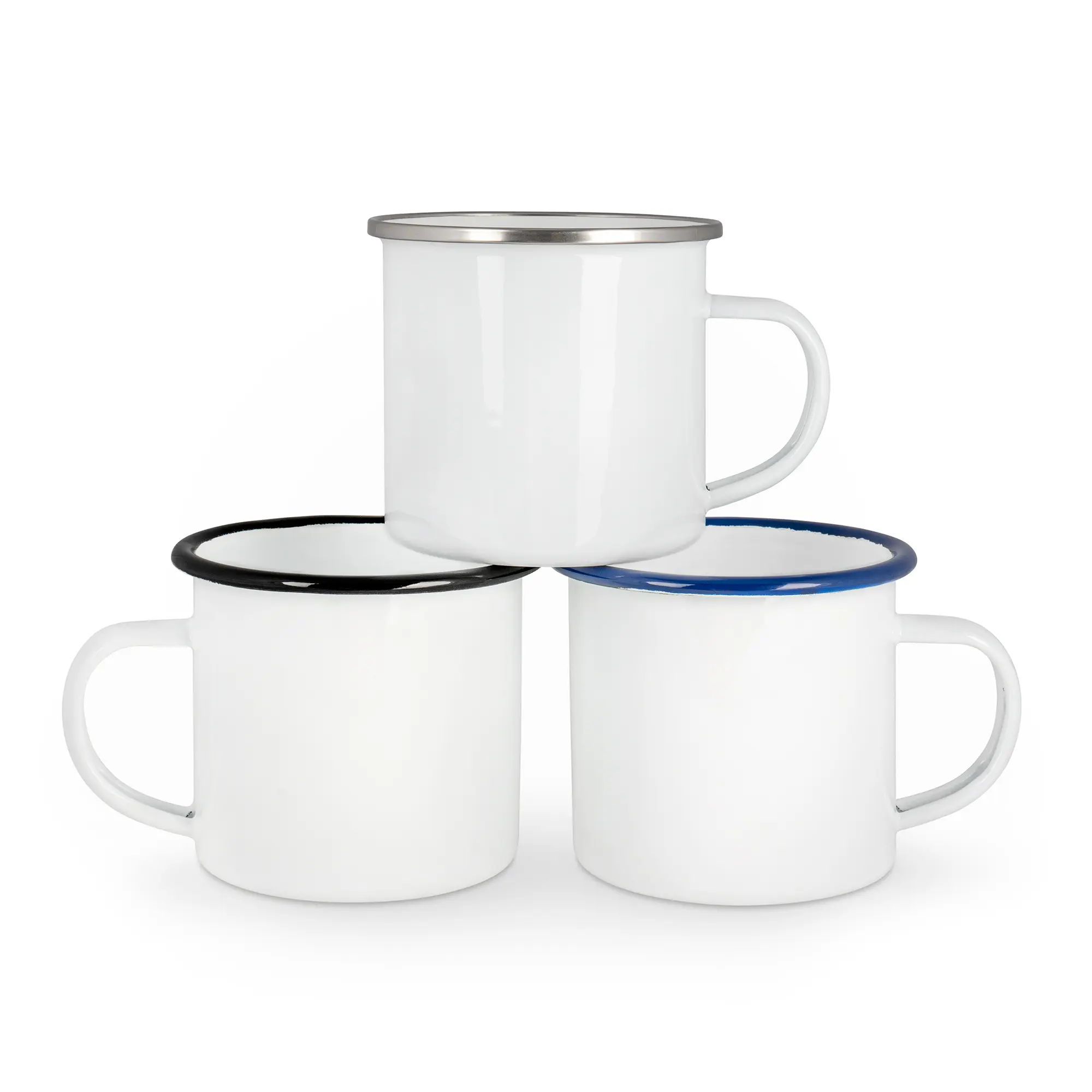 Emailletasse weiß 12oz, mit farbigem Tassenrand, div. Randfarben