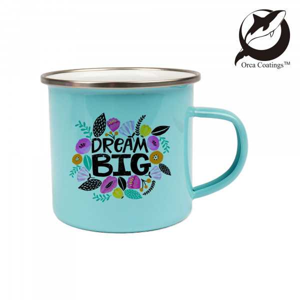 Enamel mug 12oz, with stainless-steel silver rim, Orca™ Coating